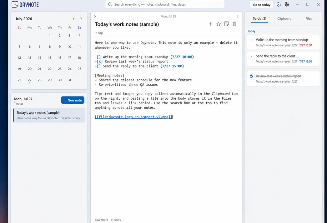 Daynote main window: a July 2026 calendar and the day's note list on the left, the note editor in the middle, and To-do and Files tabs on the right.
