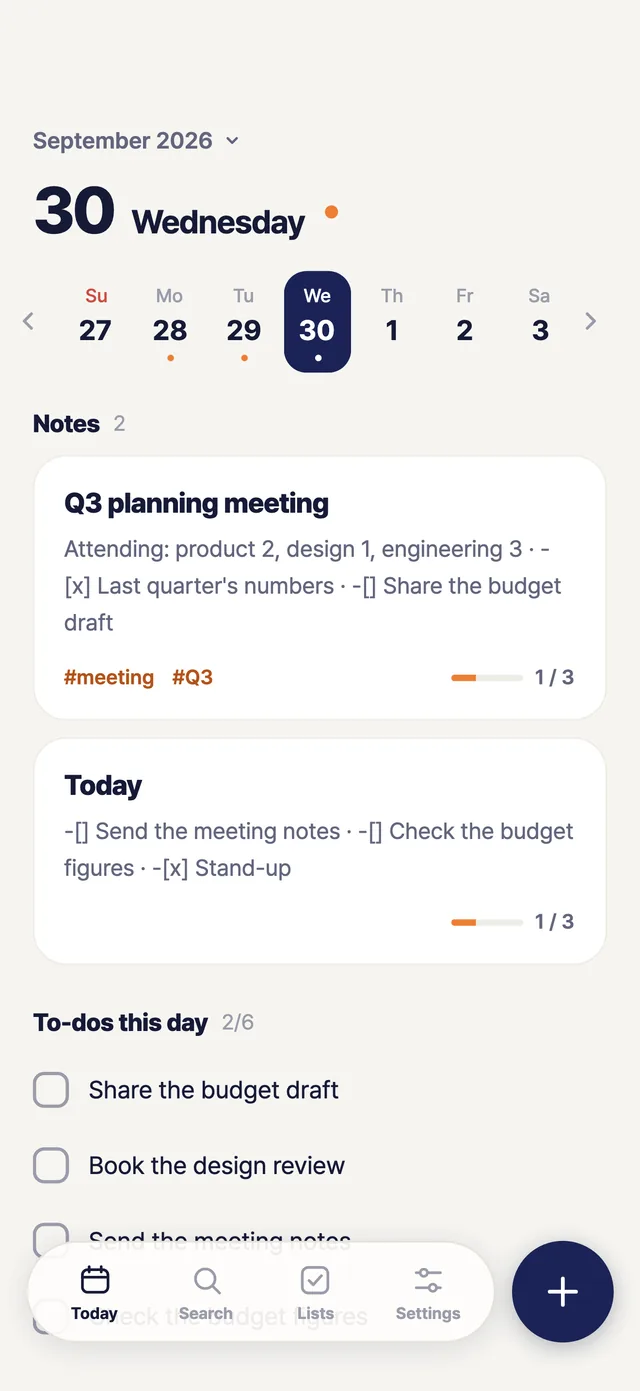 The Today screen of the Daynote phone app: a strip of this week at the top, then two note cards and the to-do list for the day.