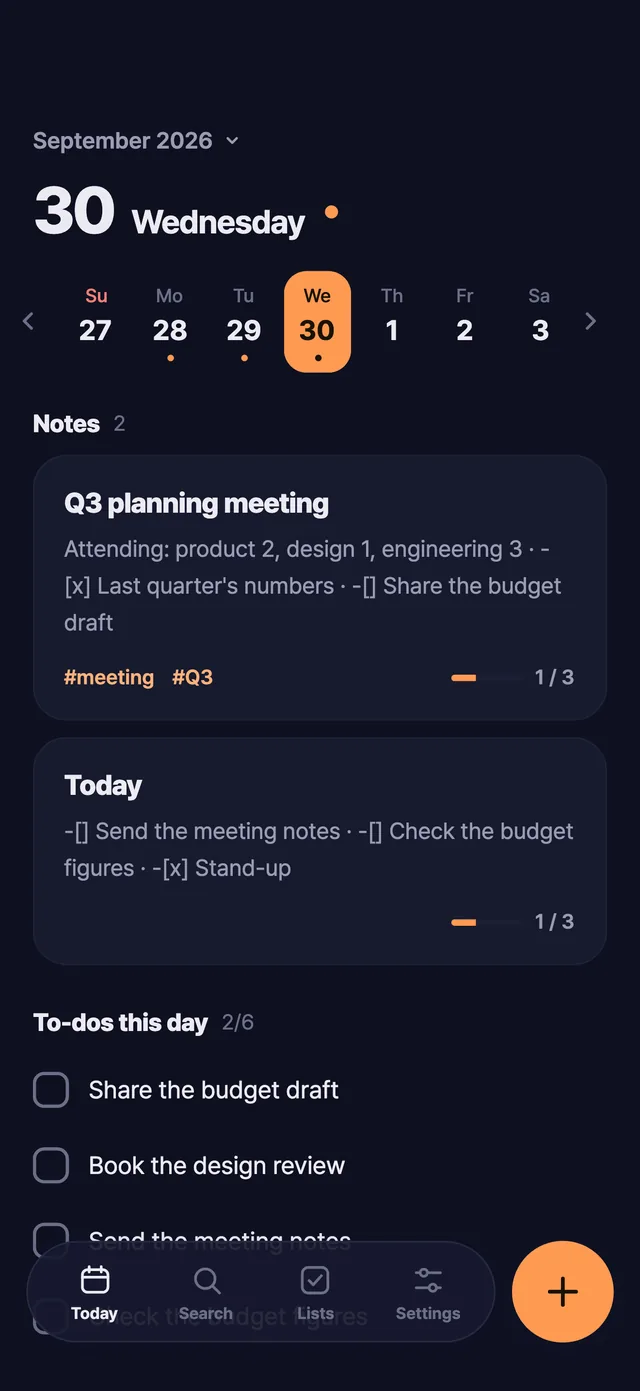 The same Today screen in the dark theme.