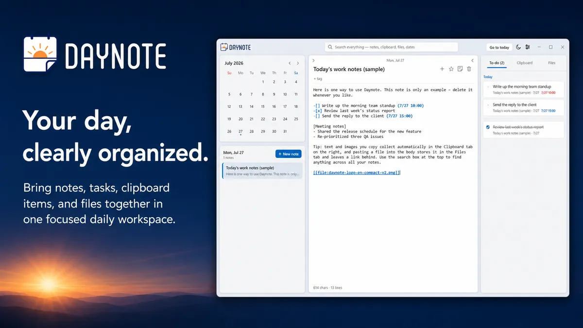 Calendar, note list, editor, and the To-do tab in one window